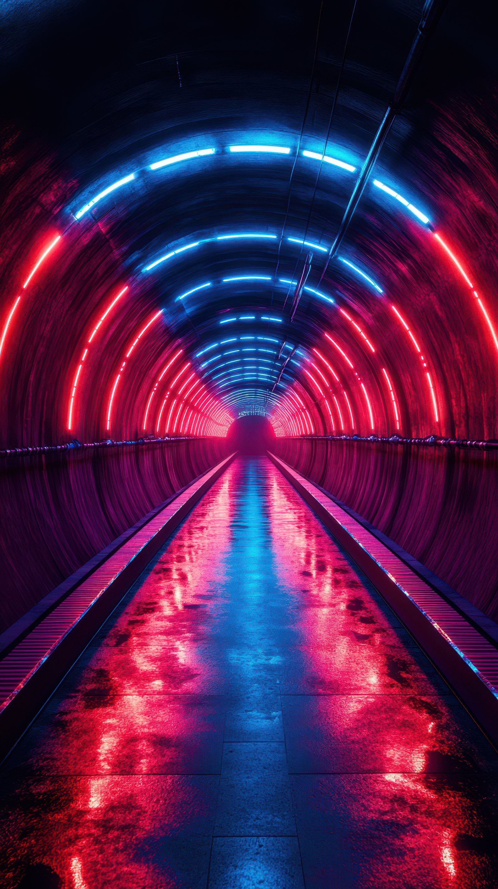 Neon-lit tunnel showcasing vibrant reflections and futuristic ambiance in an urban setting at night